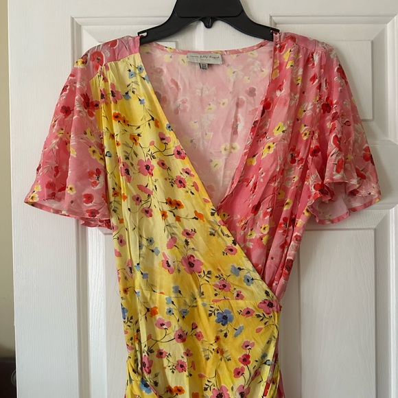 Never Fully Dressed yellow and pink floral midi wrap dress, size 10 - Picture 3 of 6